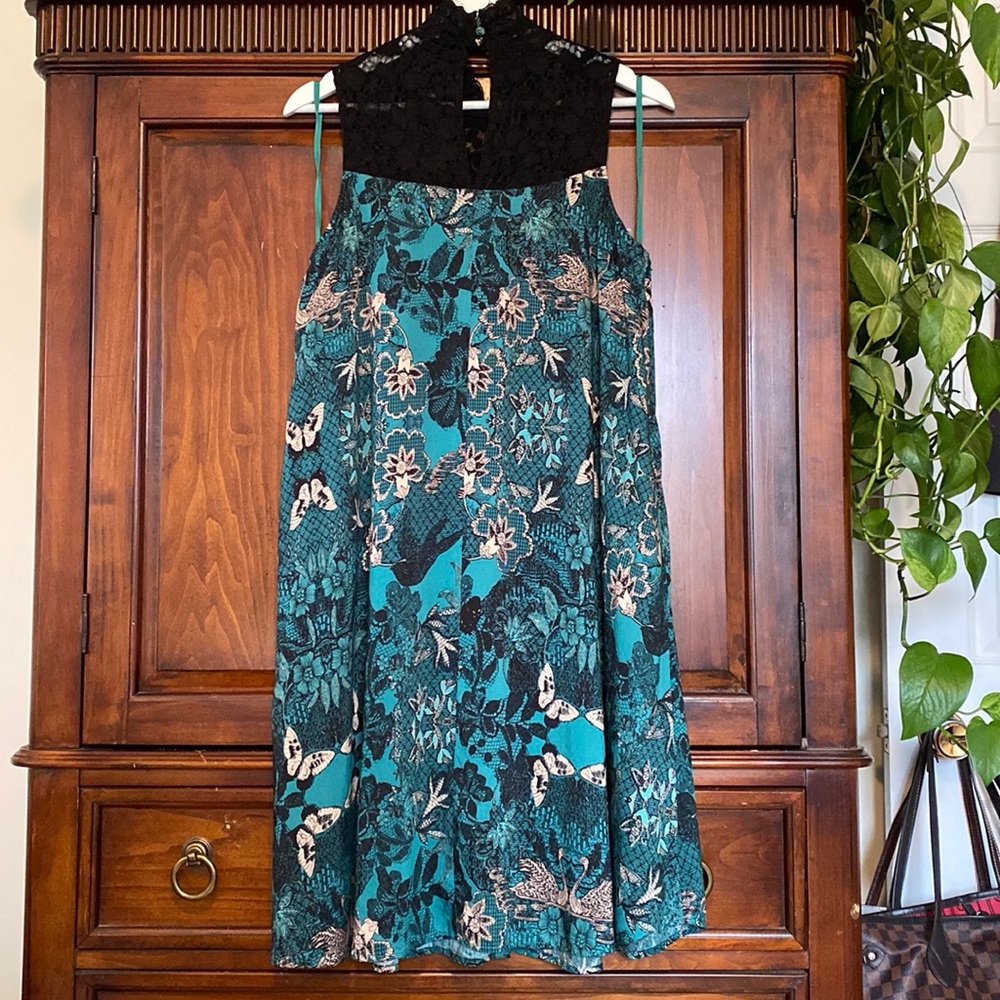 Anthropologie Maeve Silk blend Butterfly Swan Green print Lace top Swing Dress - Picture 4 of 16